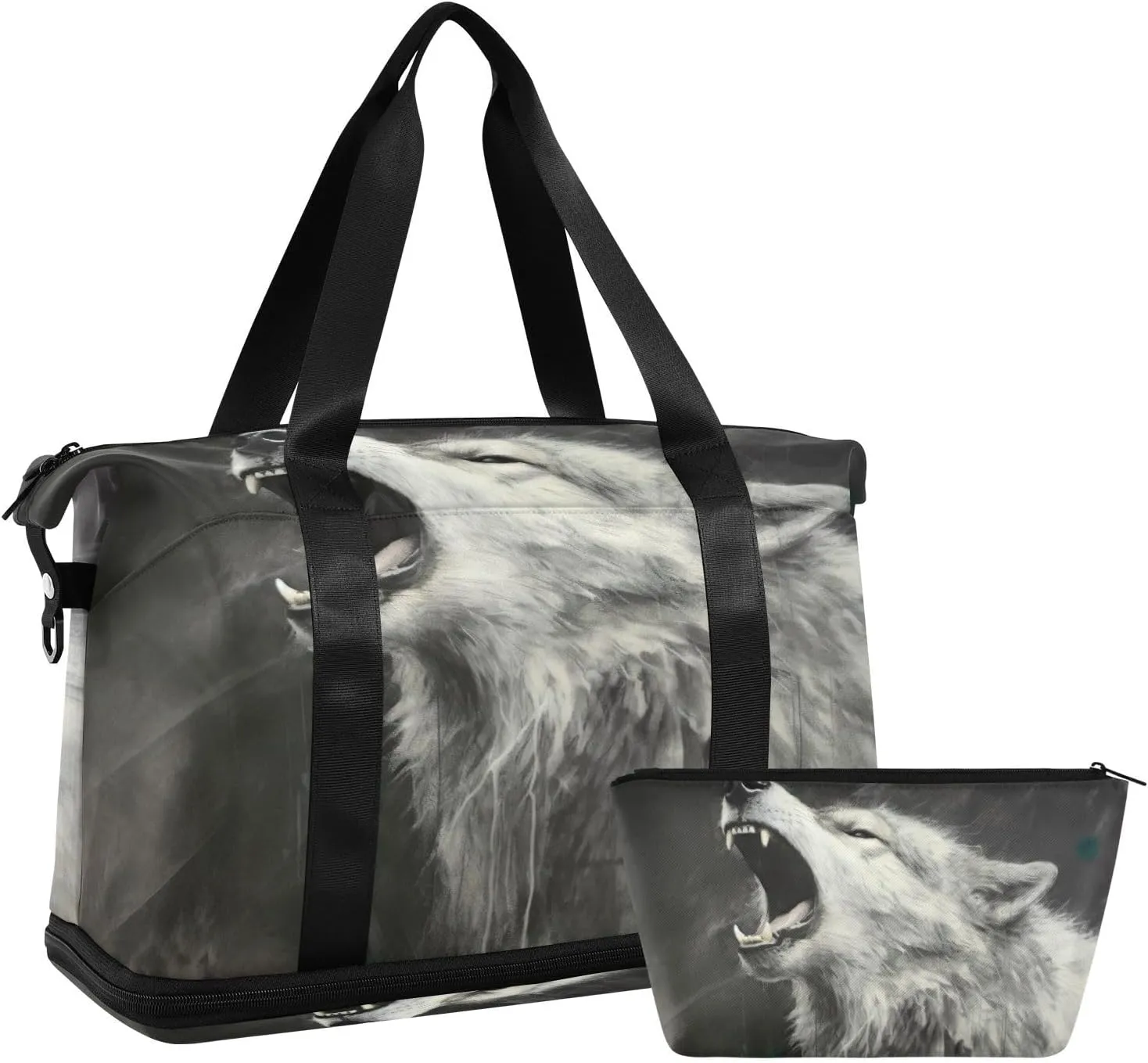 Kigai Grey Roaring Wolf Gym Bag for Women & Men,Waterproof Weekender Overnight Bag with Shoes Compartment Sports Duffel Bag for Gym Yoga Swimming Camping