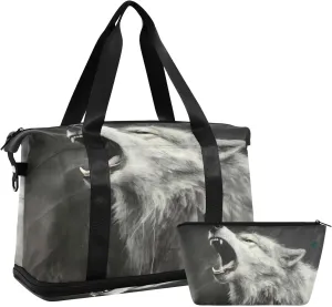 Kigai Grey Roaring Wolf Gym Bag for Women & Men,Waterproof Weekender Overnight Bag with Shoes Compartment Sports Duffel Bag for Gym Yoga Swimming Camping