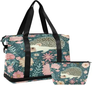 Kigai Hedgehog Flower Gym Bag for Women & Men,Waterproof Weekender Overnight Bag with Shoes Compartment Sports Duffel Bag for Gym Yoga Swimming Camping