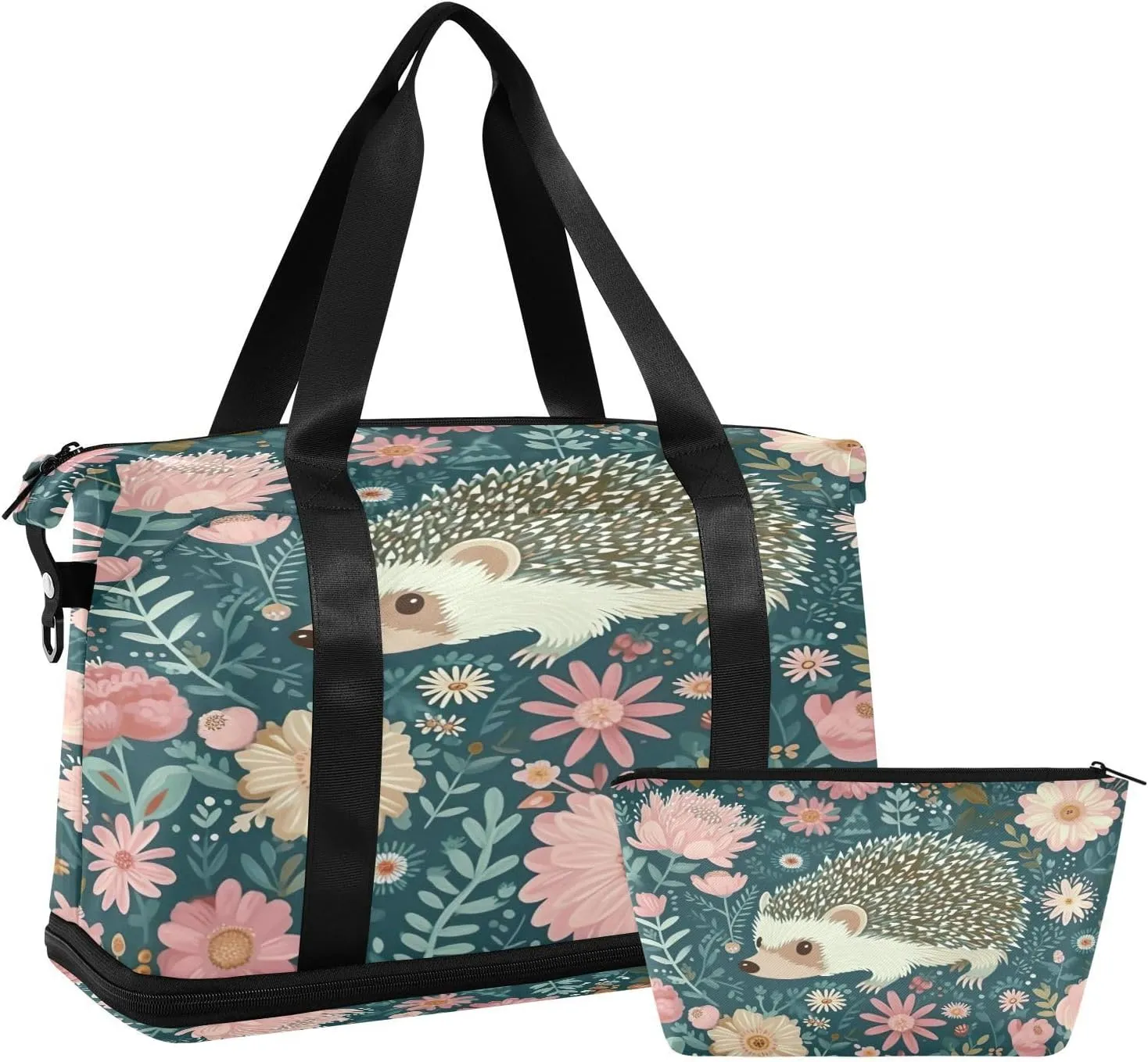 Kigai Hedgehog Flower Gym Bag for Women & Men,Waterproof Weekender Overnight Bag with Shoes Compartment Sports Duffel Bag for Gym Yoga Swimming Camping