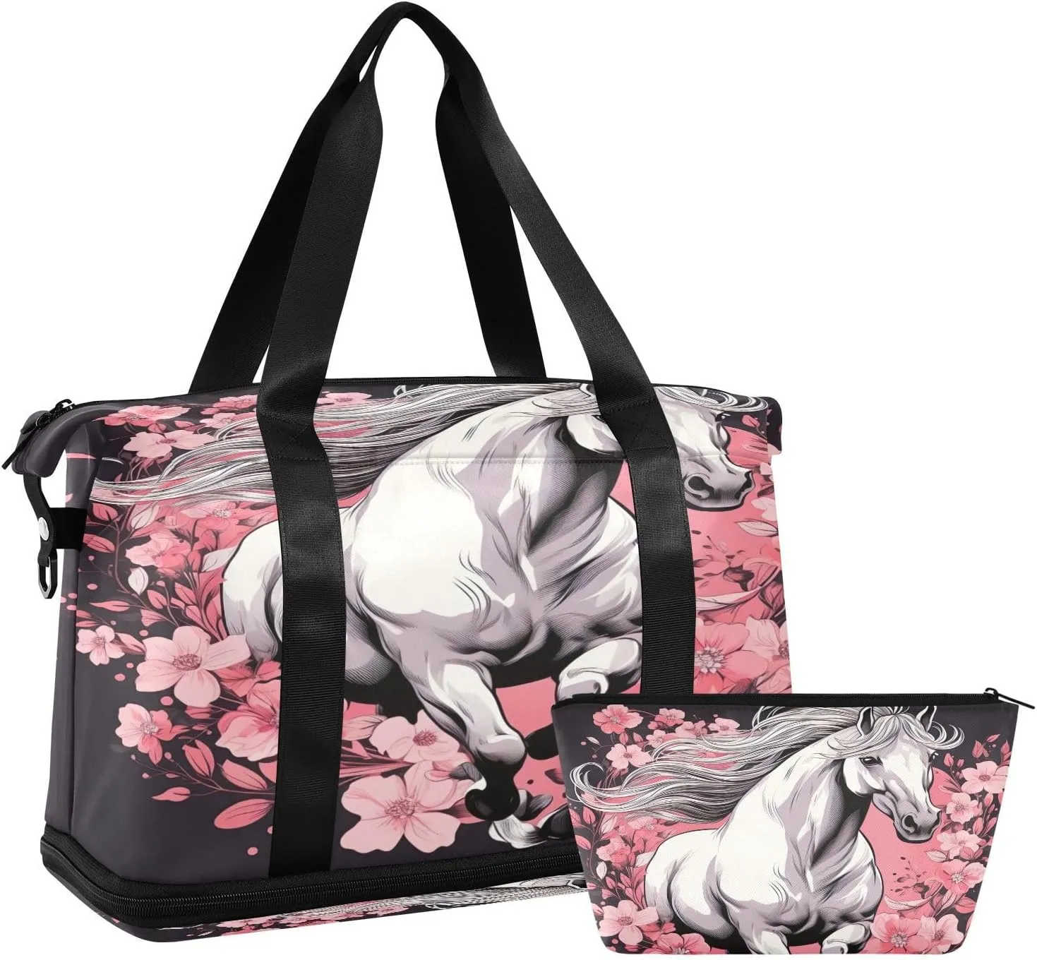 Kigai Horse Flowers Gym Bag for Women & Men,Waterproof Weekender Overnight Bag with Shoes Compartment Sports Duffel Bag for Gym Yoga Swimming Camping