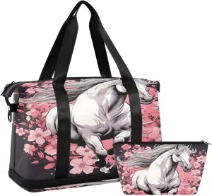 Kigai Horse Flowers Gym Bag for Women & Men,Waterproof Weekender Overnight Bag with Shoes Compartment Sports Duffel Bag for Gym Yoga Swimming Camping