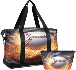 Kigai Ice Fire Baseball Gym Bag for Women & Men,Waterproof Weekender Overnight Bag with Shoes Compartment Sports Duffel Bag for Gym Yoga Swimming Camping