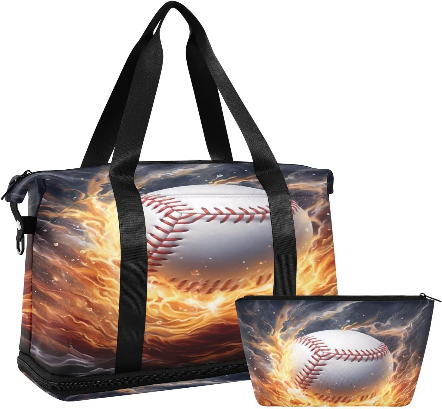 Kigai Ice Fire Baseball Gym Bag for Women & Men,Waterproof Weekender Overnight Bag with Shoes Compartment Sports Duffel Bag for Gym Yoga Swimming Camping