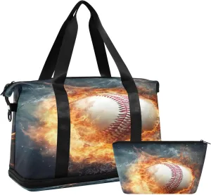 Kigai Ice Fire Baseball Gym Bag for Women & Men,Waterproof Weekender Overnight Bag with Shoes Compartment Sports Duffel Bag for Gym Yoga Swimming Camping