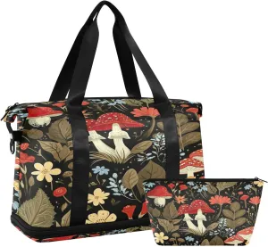 Kigai Mmushroom Flowers Gym Bag for Women & Men,Waterproof Weekender Overnight Bag with Shoes Compartment Sports Duffel Bag for Gym Yoga Swimming Camping
