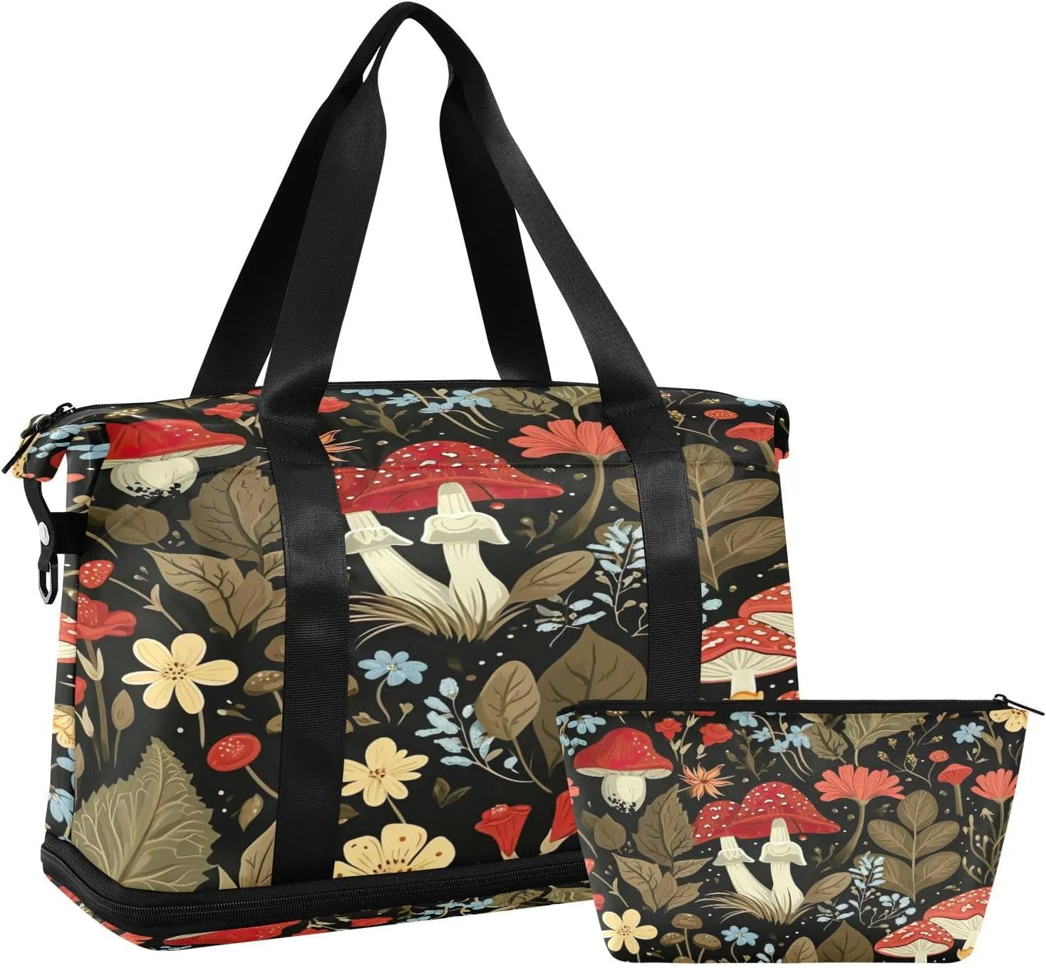 Kigai Mmushroom Flowers Gym Bag for Women & Men,Waterproof Weekender Overnight Bag with Shoes Compartment Sports Duffel Bag for Gym Yoga Swimming Camping