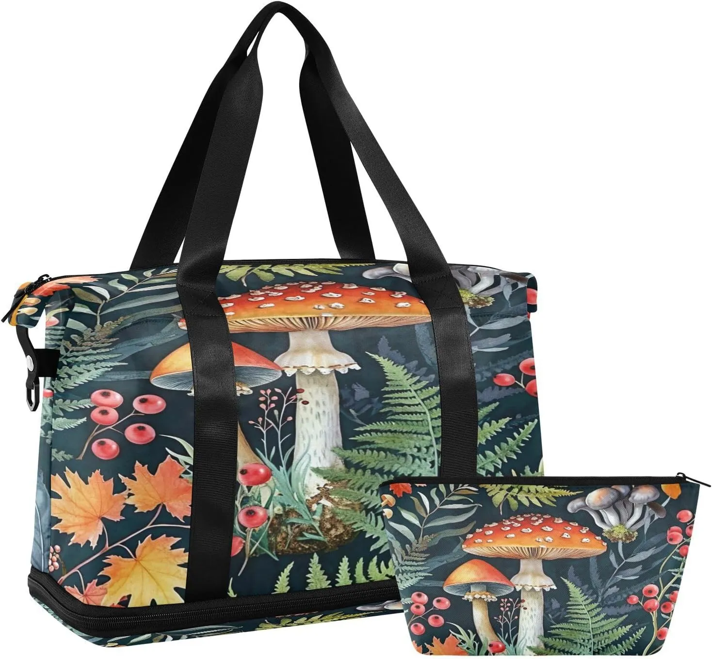 Kigai Mushroom Leaves Gym Bag for Women & Men,Waterproof Weekender Overnight Bag with Shoes Compartment Sports Duffel Bag for Gym Yoga Swimming Camping