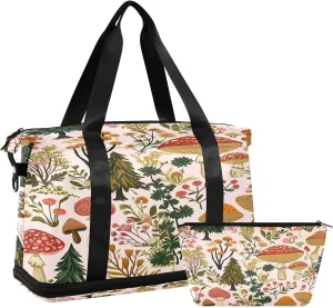 Kigai Mushroom Leaves Gym Bag for Women & Men,Waterproof Weekender Overnight Bag with Shoes Compartment Sports Duffel Bag for Gym Yoga Swimming Camping