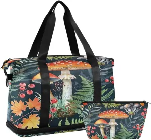 Kigai Mushroom Leaves Gym Bag for Women & Men,Waterproof Weekender Overnight Bag with Shoes Compartment Sports Duffel Bag for Gym Yoga Swimming Camping