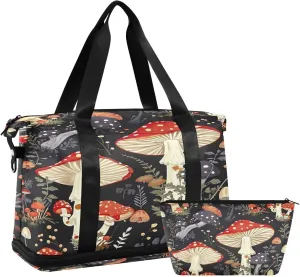 Kigai Mushroom Leaves Gym Bag for Women & Men,Waterproof Weekender Overnight Bag with Shoes Compartment Sports Duffel Bag for Gym Yoga Swimming Camping