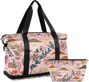 Kigai Mushroom Leaves Gym Bag for Women & Men,Waterproof Weekender Overnight Bag with Shoes Compartment Sports Duffel Bag for Gym Yoga Swimming Camping