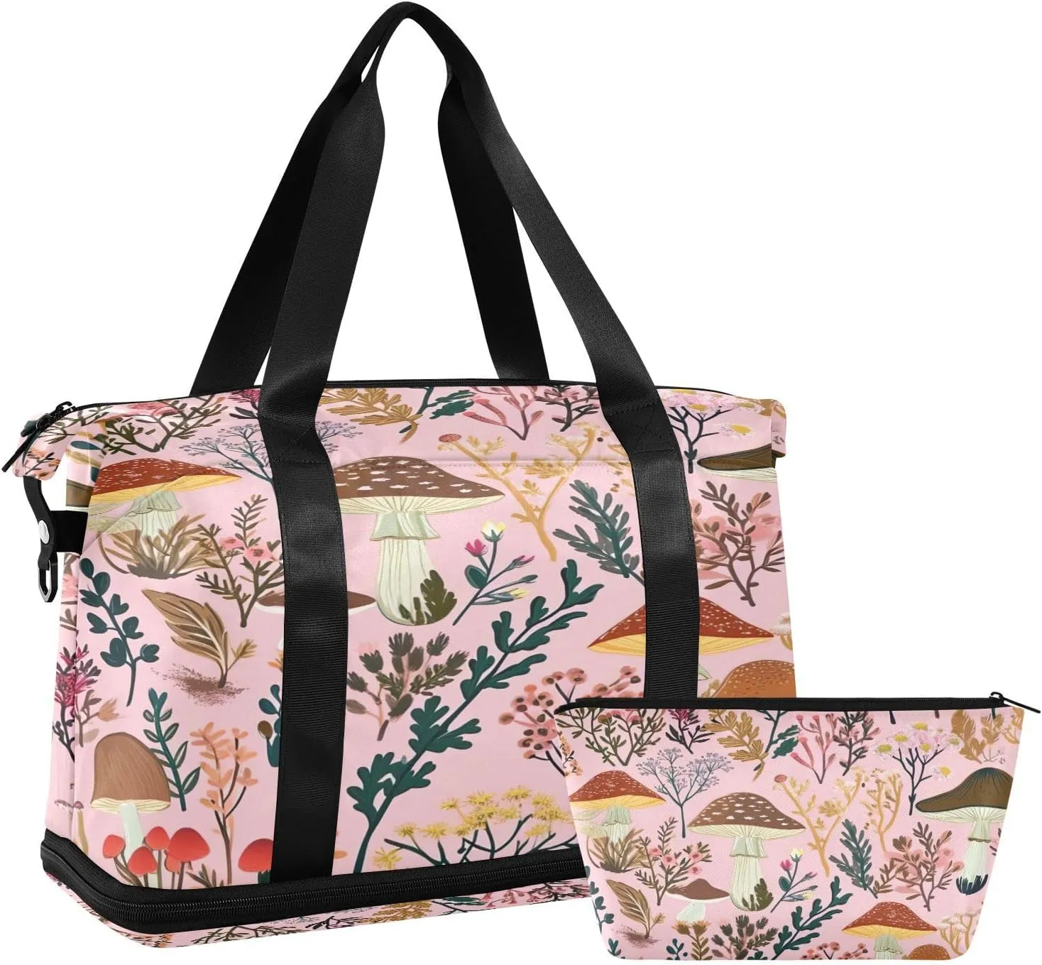 Kigai Mushroom Leaves Gym Bag for Women & Men,Waterproof Weekender Overnight Bag with Shoes Compartment Sports Duffel Bag for Gym Yoga Swimming Camping