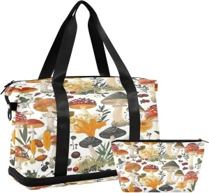 Kigai Mushroom Leaves Gym Bag for Women & Men,Waterproof Weekender Overnight Bag with Shoes Compartment Sports Duffel Bag for Gym Yoga Swimming Camping