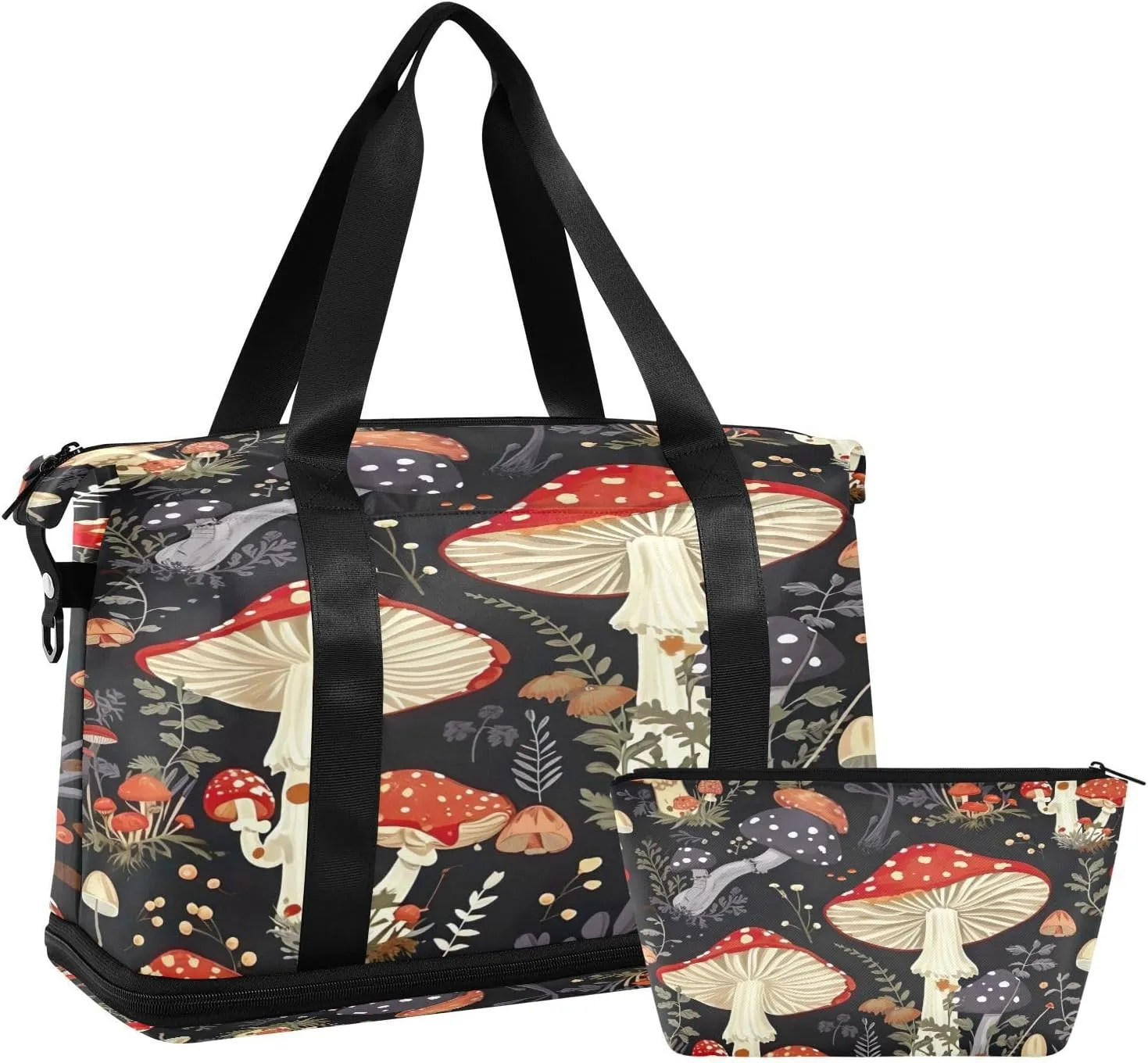 Kigai Mushroom Leaves Gym Bag for Women & Men,Waterproof Weekender Overnight Bag with Shoes Compartment Sports Duffel Bag for Gym Yoga Swimming Camping