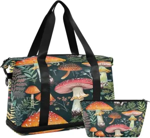 Kigai Mushroom Leaves Gym Bag for Women & Men,Waterproof Weekender Overnight Bag with Shoes Compartment Sports Duffel Bag for Gym Yoga Swimming Camping