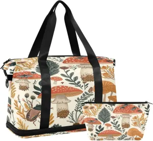 Kigai Mushroom Leaves Gym Bag for Women & Men,Waterproof Weekender Overnight Bag with Shoes Compartment Sports Duffel Bag for Gym Yoga Swimming Camping