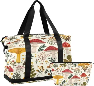 Kigai Mushroom Leaves Gym Bag for Women & Men,Waterproof Weekender Overnight Bag with Shoes Compartment Sports Duffel Bag for Gym Yoga Swimming Camping