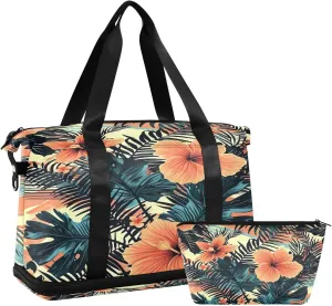 Kigai Palm Flowers Gym Bag for Women & Men,Waterproof Weekender Overnight Bag with Shoes Compartment Sports Duffel Bag for Gym Yoga Swimming Camping