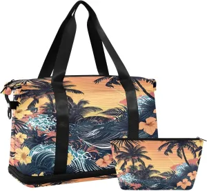 Kigai Palm Flowers Gym Bag for Women & Men,Waterproof Weekender Overnight Bag with Shoes Compartment Sports Duffel Bag for Gym Yoga Swimming Camping