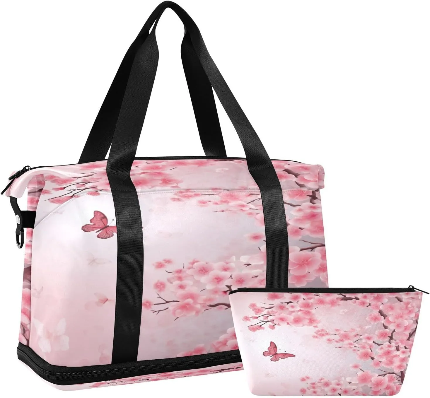 Kigai Peach Blossom Butterfly Gym Bag for Women & Men,Waterproof Weekender Overnight Bag with Shoes Compartment Sports Duffel Bag for Gym Yoga Swimming Camping