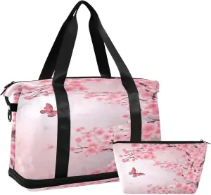 Kigai Peach Blossom Butterfly Gym Bag for Women & Men,Waterproof Weekender Overnight Bag with Shoes Compartment Sports Duffel Bag for Gym Yoga Swimming Camping