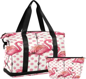 Kigai Polka Dots Flamingo Gym Bag for Women & Men,Waterproof Weekender Overnight Bag with Shoes Compartment Sports Duffel Bag for Gym Yoga Swimming Camping