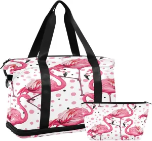Kigai Polka Dots Flamingo Gym Bag for Women & Men,Waterproof Weekender Overnight Bag with Shoes Compartment Sports Duffel Bag for Gym Yoga Swimming Camping