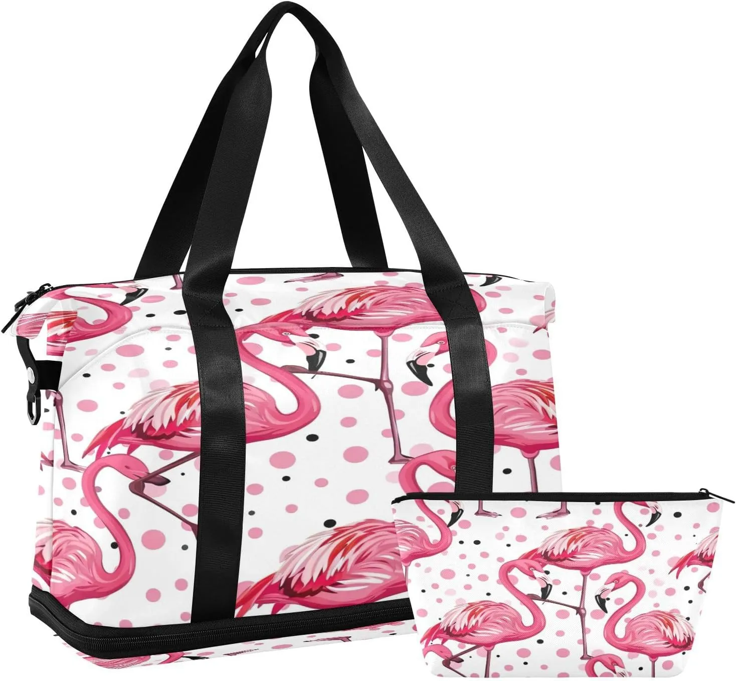 Kigai Polka Dots Flamingo Gym Bag for Women & Men,Waterproof Weekender Overnight Bag with Shoes Compartment Sports Duffel Bag for Gym Yoga Swimming Camping