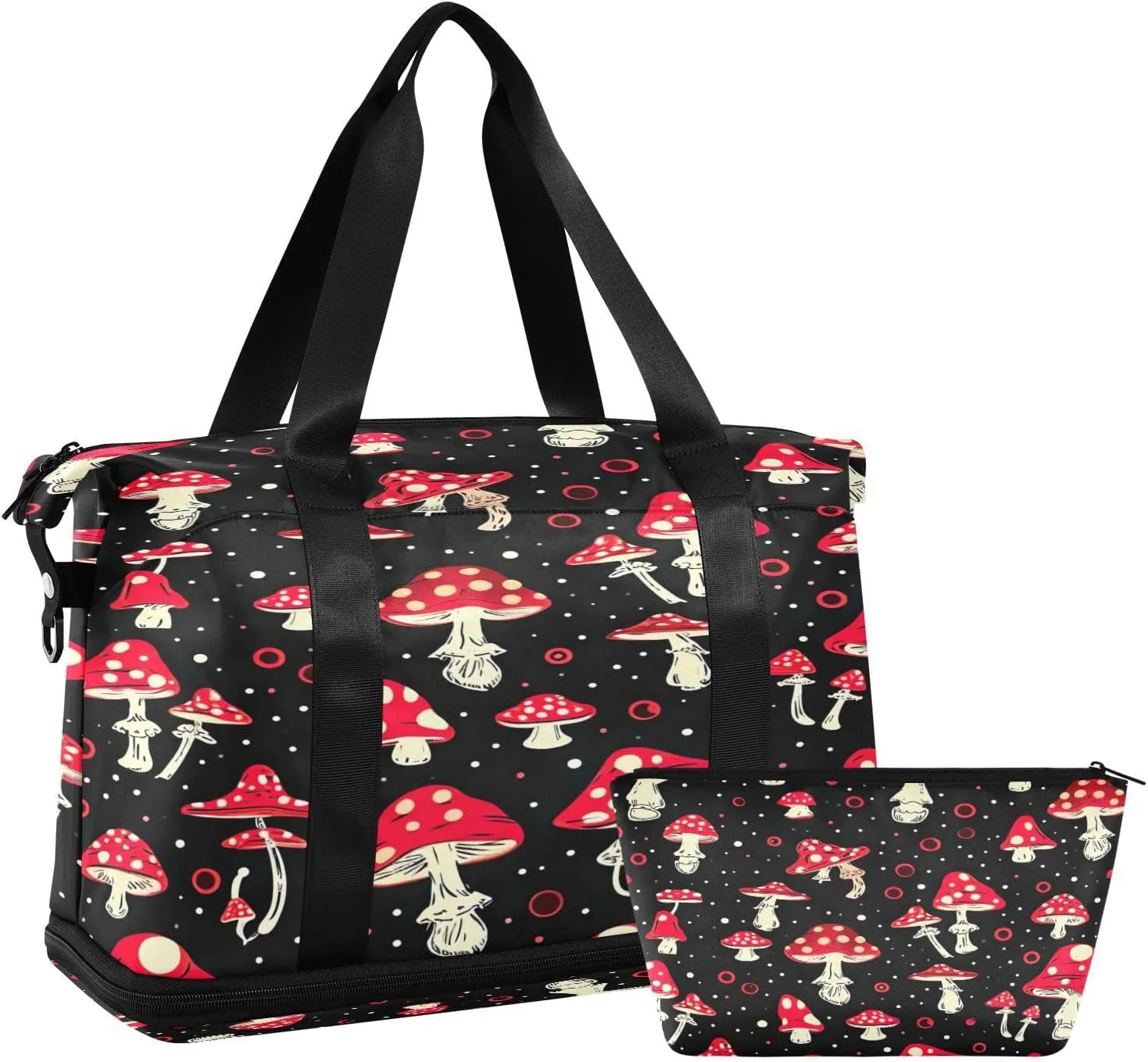 Kigai Red Mushroom Gym Bag for Women & Men,Waterproof Weekender Overnight Bag with Shoes Compartment Sports Duffel Bag for Gym Yoga Swimming Camping