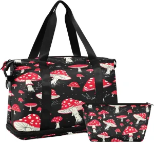 Kigai Red Mushroom Gym Bag for Women & Men,Waterproof Weekender Overnight Bag with Shoes Compartment Sports Duffel Bag for Gym Yoga Swimming Camping