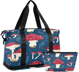 Kigai Red Mushroom Gym Bag for Women & Men,Waterproof Weekender Overnight Bag with Shoes Compartment Sports Duffel Bag for Gym Yoga Swimming Camping
