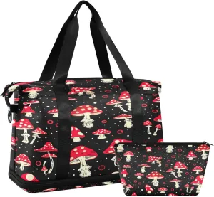 Kigai Red Mushroom Gym Bag for Women & Men,Waterproof Weekender Overnight Bag with Shoes Compartment Sports Duffel Bag for Gym Yoga Swimming Camping