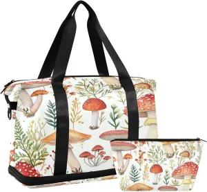Kigai Retro Mushroom Gym Bag for Women & Men,Waterproof Weekender Overnight Bag with Shoes Compartment Sports Duffel Bag for Gym Yoga Swimming Camping
