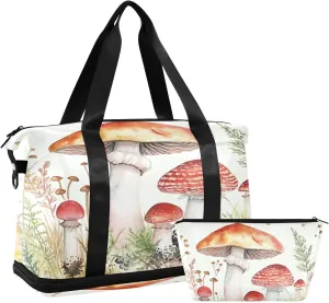 Kigai Retro Mushroom Gym Bag for Women & Men,Waterproof Weekender Overnight Bag with Shoes Compartment Sports Duffel Bag for Gym Yoga Swimming Camping