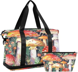 Kigai Retro Mushroom Gym Bag for Women & Men,Waterproof Weekender Overnight Bag with Shoes Compartment Sports Duffel Bag for Gym Yoga Swimming Camping