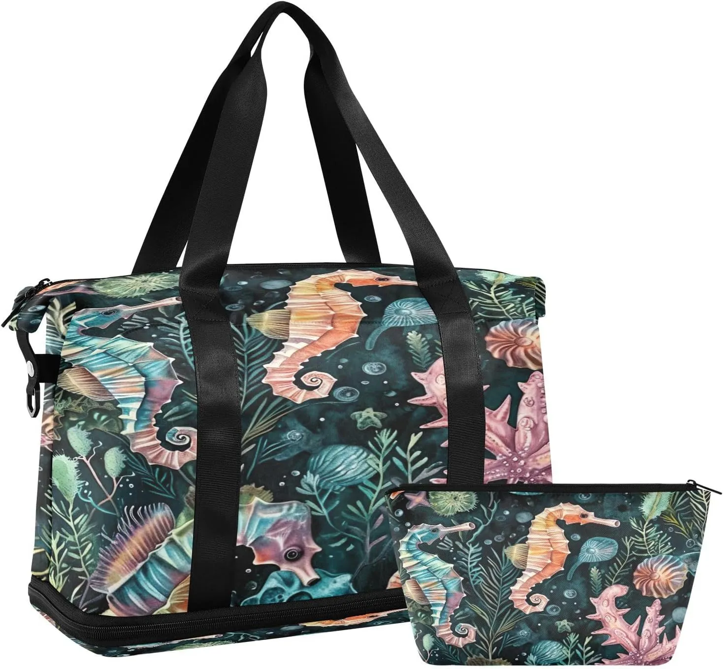 Kigai Seahorse Coral Gym Bag for Women & Men,Waterproof Weekender Overnight Bag with Shoes Compartment Sports Duffel Bag for Gym Yoga Swimming Camping