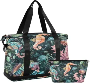 Kigai Seahorse Coral Gym Bag for Women & Men,Waterproof Weekender Overnight Bag with Shoes Compartment Sports Duffel Bag for Gym Yoga Swimming Camping