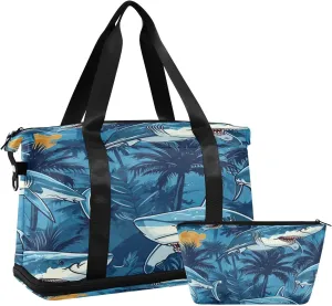 Kigai Shark Flower Gym Bag for Women & Men,Waterproof Weekender Overnight Bag with Shoes Compartment Sports Duffel Bag for Gym Yoga Swimming Camping