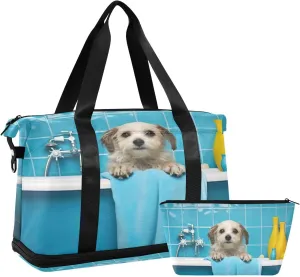 Kigai Shower Dog Gym Bag for Women & Men,Waterproof Weekender Overnight Bag with Shoes Compartment Sports Duffel Bag for Gym Yoga Swimming Camping