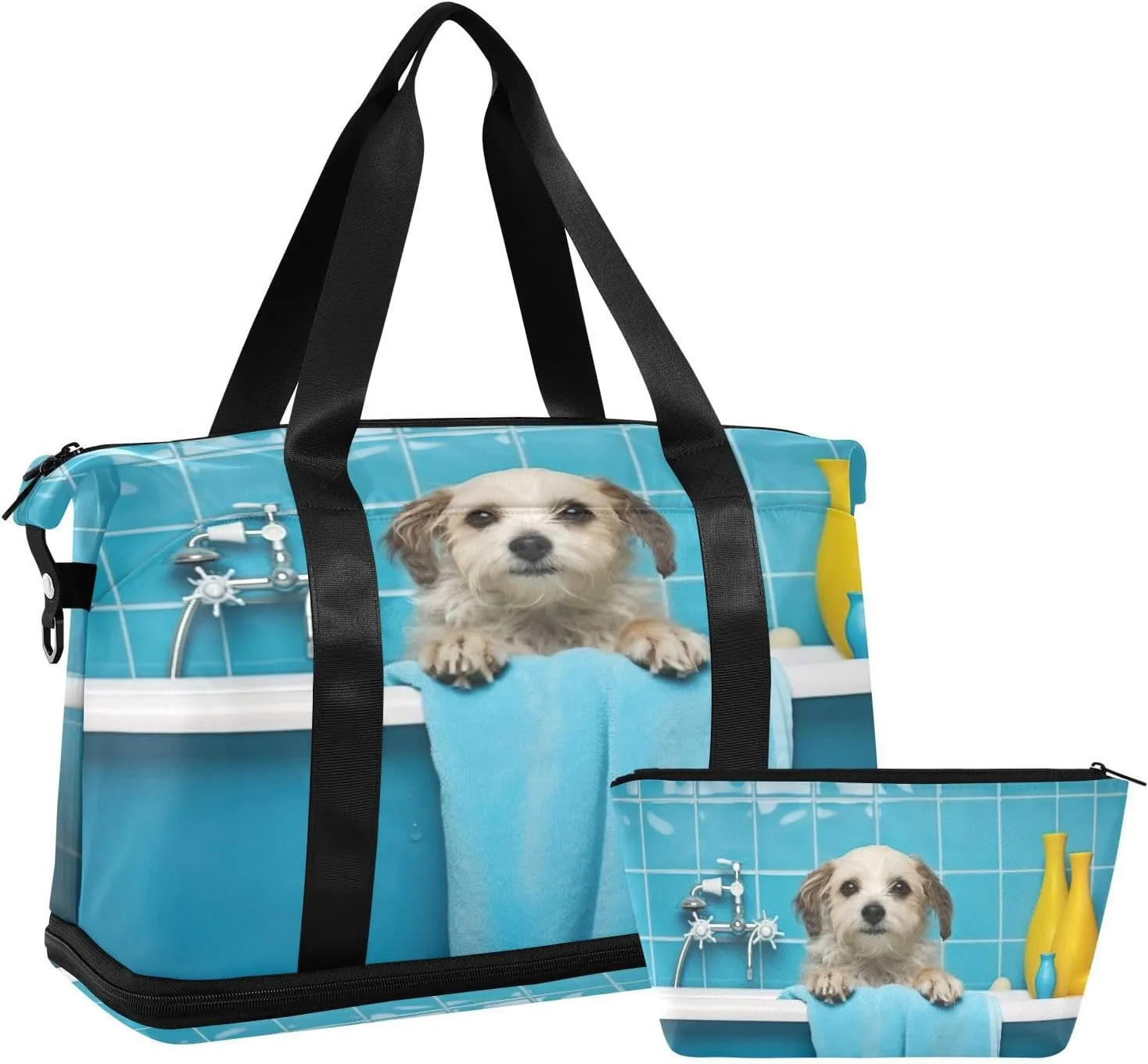 Kigai Shower Dog Gym Bag for Women & Men,Waterproof Weekender Overnight Bag with Shoes Compartment Sports Duffel Bag for Gym Yoga Swimming Camping