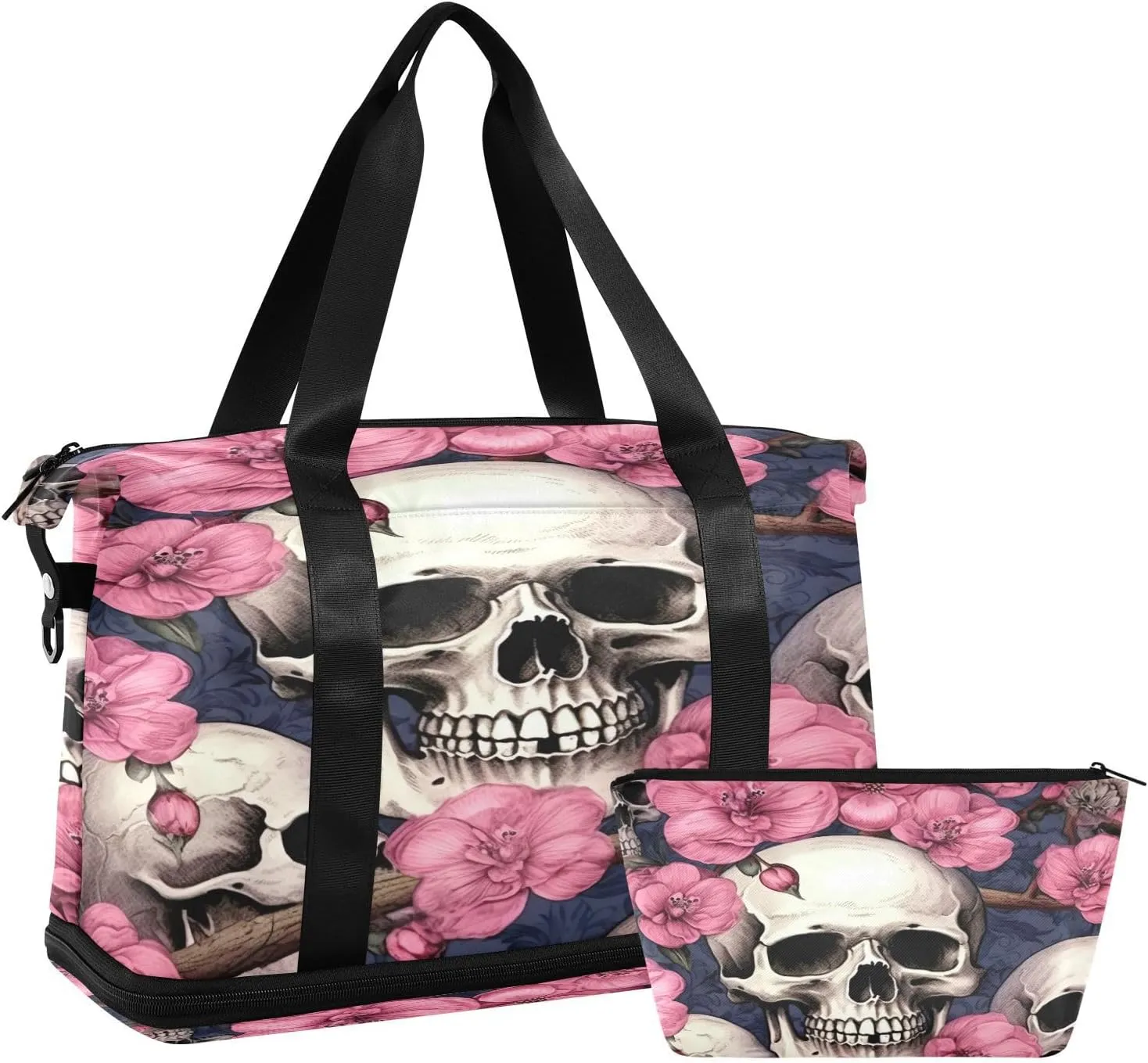 Kigai Skull and Flowers Gym Bag for Women & Men,Waterproof Weekender Overnight Bag with Shoes Compartment Sports Duffel Bag for Gym Yoga Swimming Camping