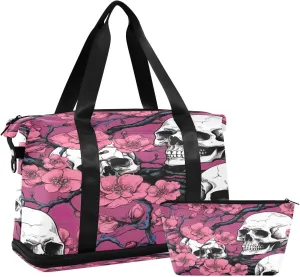 Kigai Skull and Flowers Gym Bag for Women & Men,Waterproof Weekender Overnight Bag with Shoes Compartment Sports Duffel Bag for Gym Yoga Swimming Camping
