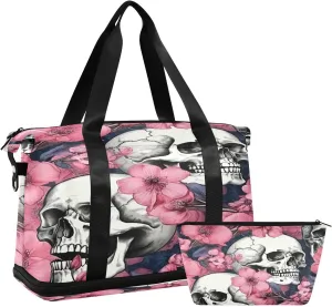 Kigai Skull and Flowers Gym Bag for Women & Men,Waterproof Weekender Overnight Bag with Shoes Compartment Sports Duffel Bag for Gym Yoga Swimming Camping