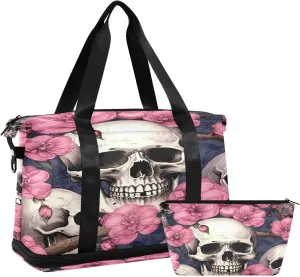 Kigai Skull and Flowers Gym Bag for Women & Men,Waterproof Weekender Overnight Bag with Shoes Compartment Sports Duffel Bag for Gym Yoga Swimming Camping