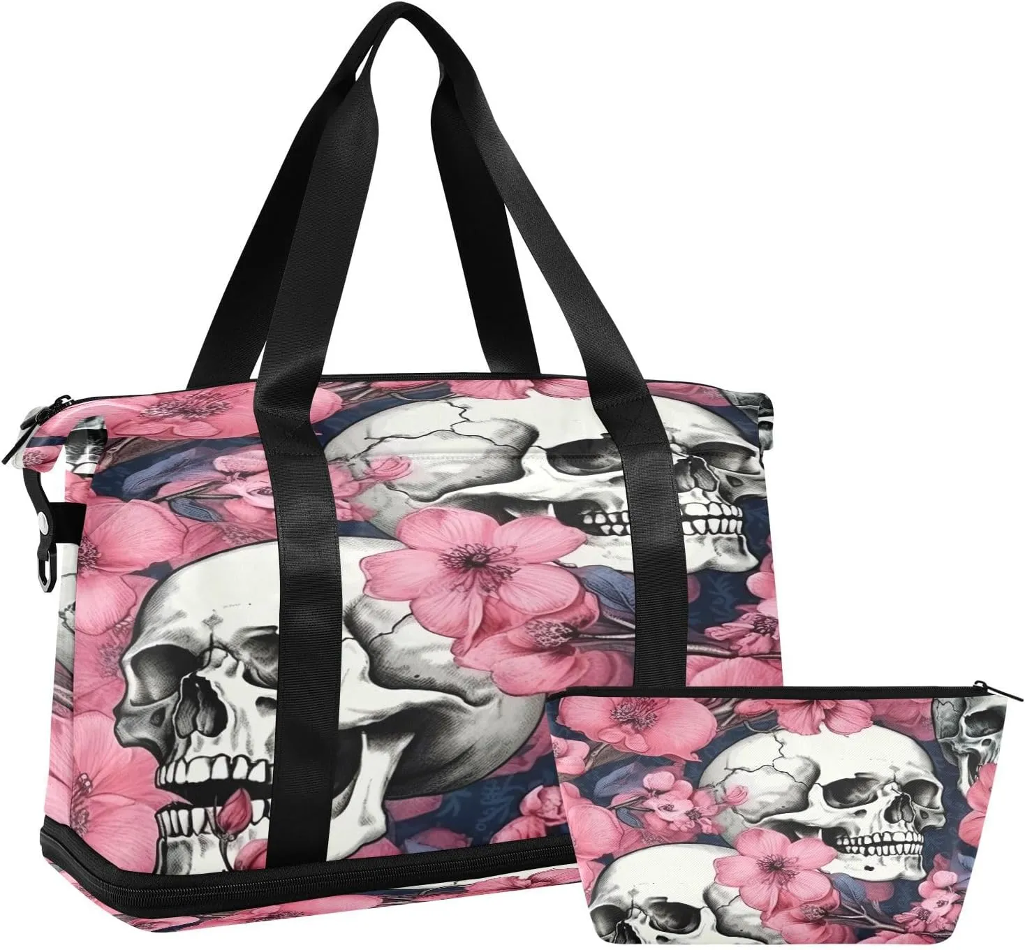 Kigai Skull and Flowers Gym Bag for Women & Men,Waterproof Weekender Overnight Bag with Shoes Compartment Sports Duffel Bag for Gym Yoga Swimming Camping
