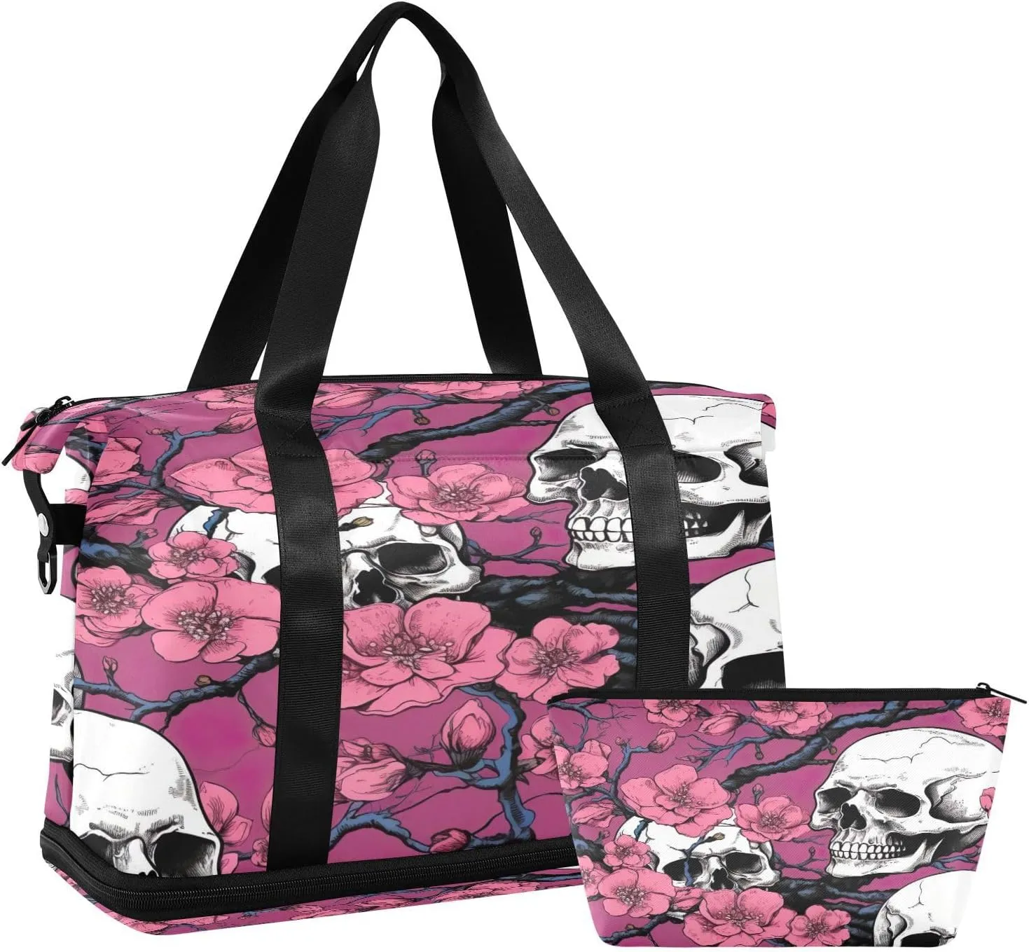 Kigai Skull and Flowers Gym Bag for Women & Men,Waterproof Weekender Overnight Bag with Shoes Compartment Sports Duffel Bag for Gym Yoga Swimming Camping