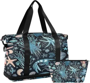 Kigai Starfish Shell Gym Bag for Women & Men,Waterproof Weekender Overnight Bag with Shoes Compartment Sports Duffel Bag for Gym Yoga Swimming Camping