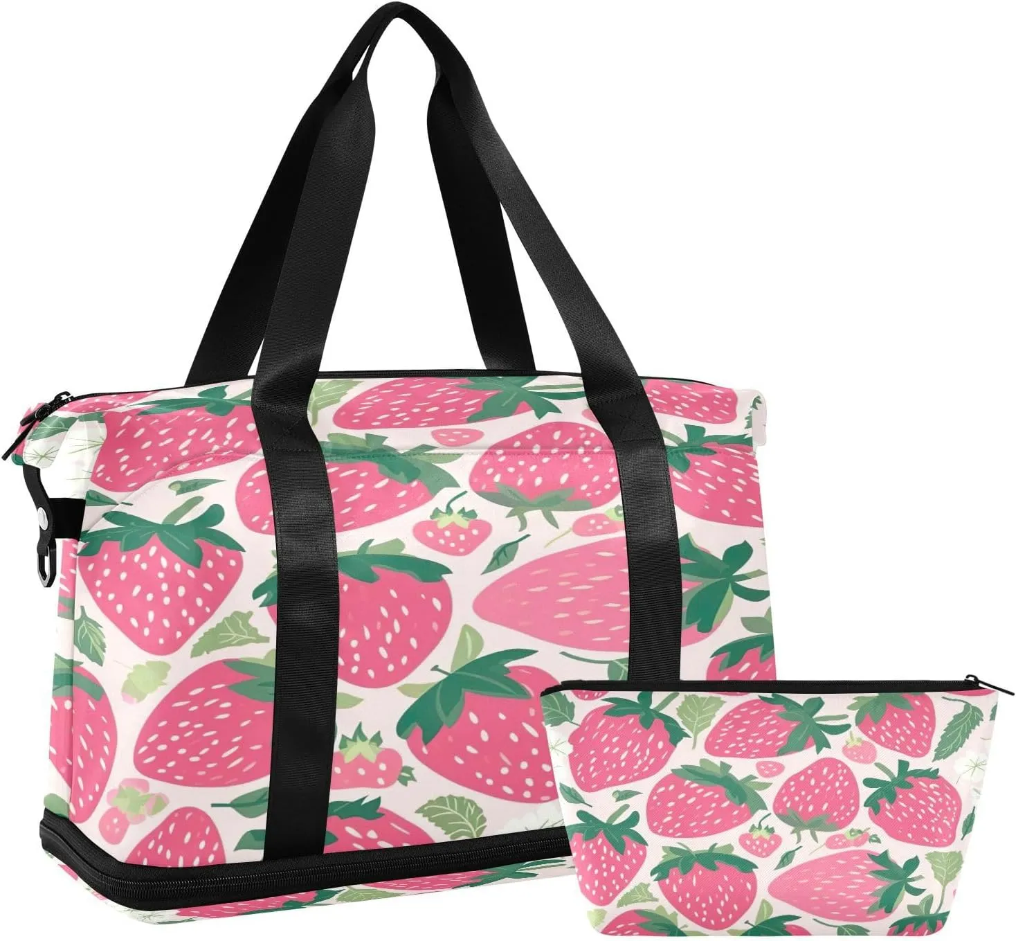 Kigai Strawberry Flower Gym Bag for Women & Men,Waterproof Weekender Overnight Bag with Shoes Compartment Sports Duffel Bag for Gym Yoga Swimming Camping