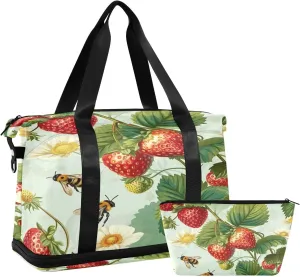 Kigai Strawberry Flower Gym Bag for Women & Men,Waterproof Weekender Overnight Bag with Shoes Compartment Sports Duffel Bag for Gym Yoga Swimming Camping